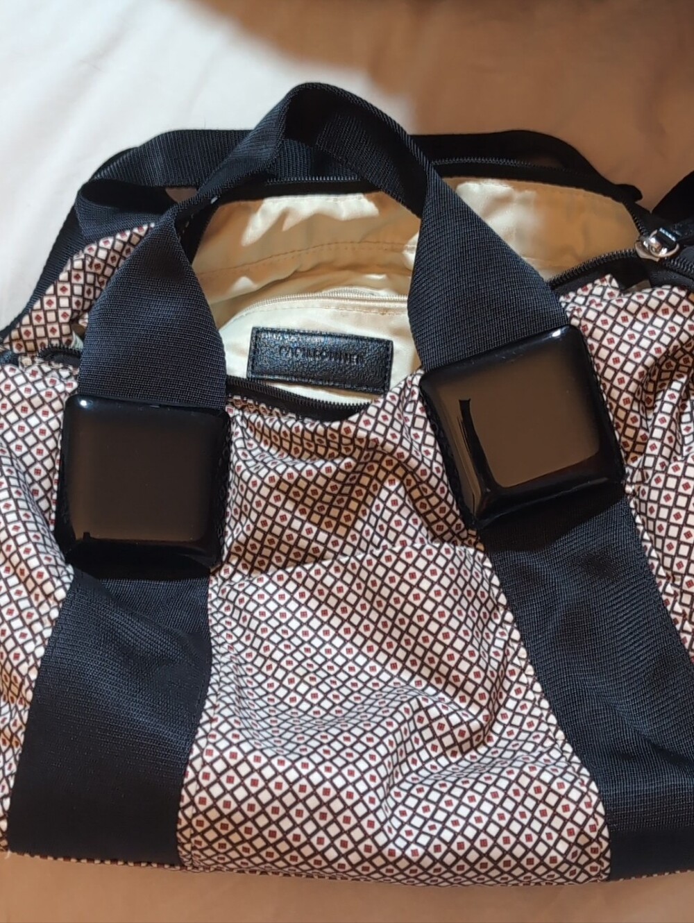 Black & Cream Geometric Shoulder Bag with Wide Straps